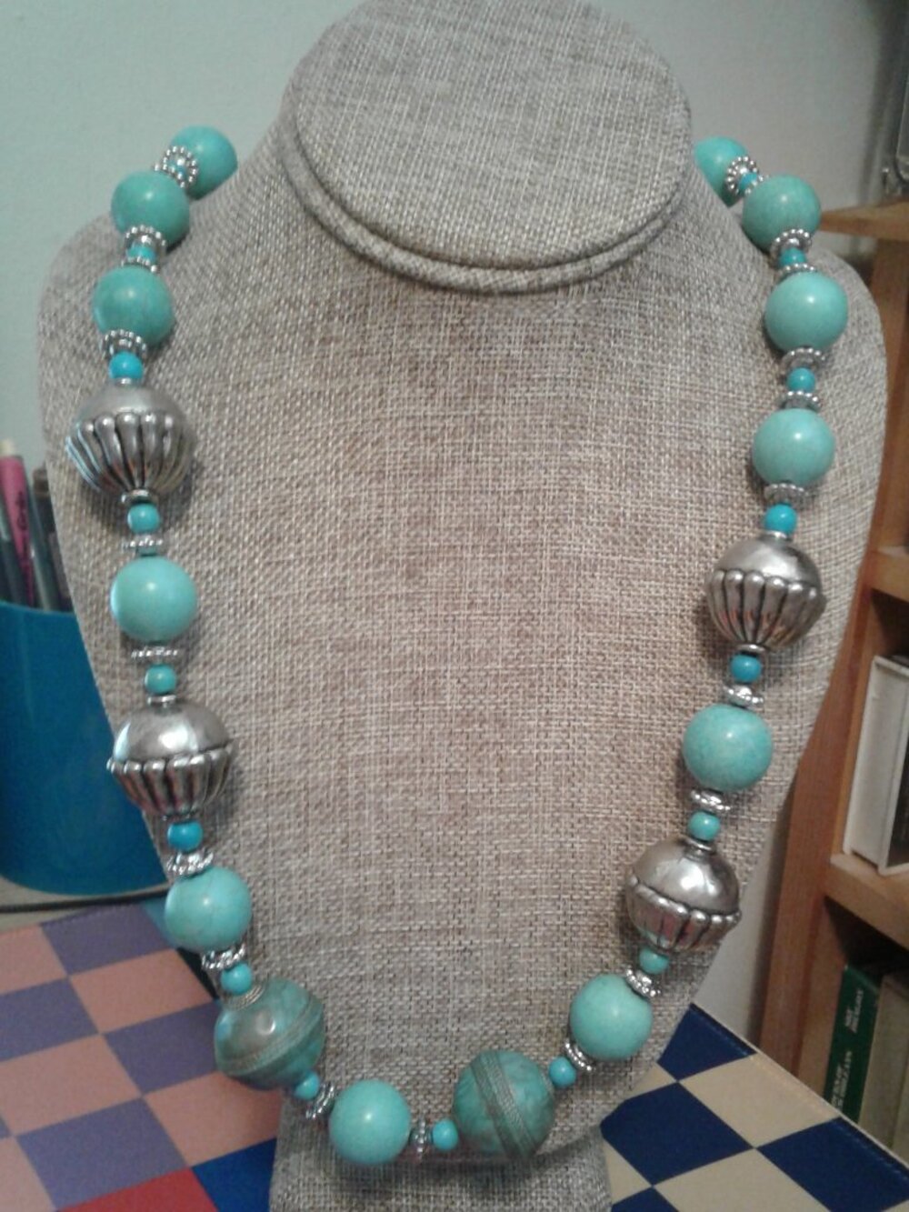 Heavy Turquoise Magnesite Gemstone Chunky Bead Statement Necklace 28"Long LNC